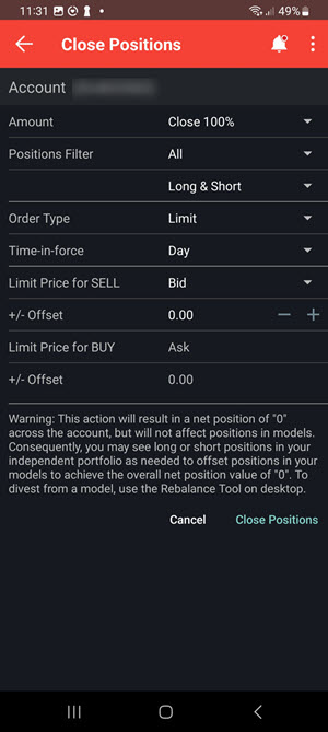 The close positions panel on the Android phone. 